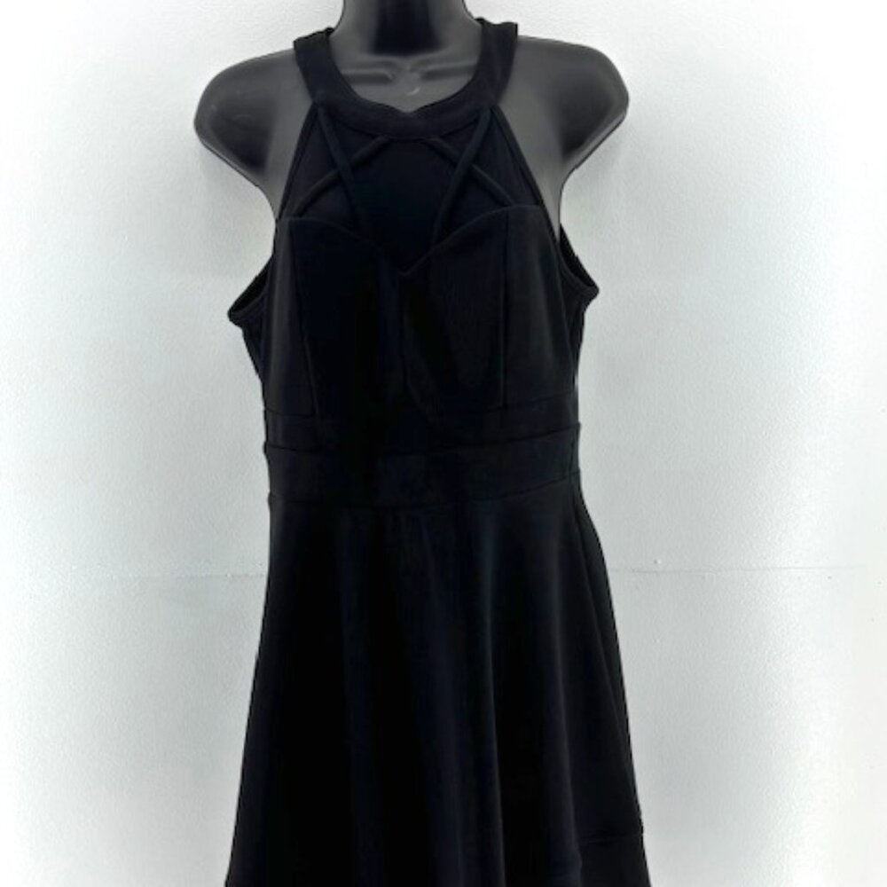 Emerald Sundae Dress Women Junior L Black Mesh Cutout Halter Sexy Swing Gold Zip